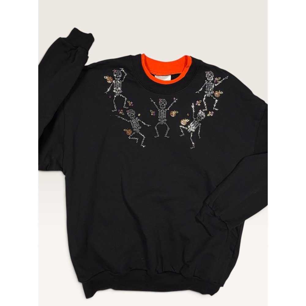 New Black Halloween Dancing Skeleton Rhinestone Sweatshirt Black Liberty Lane L